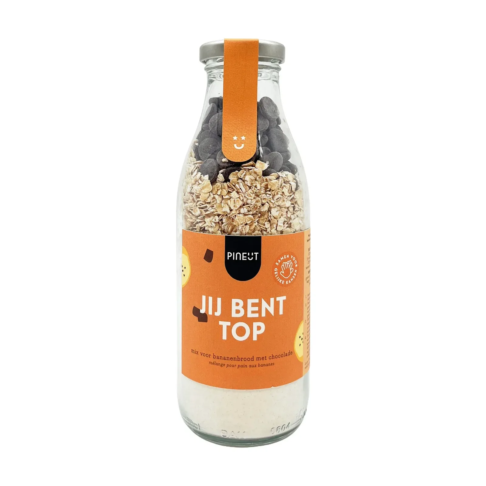 Bakmix voor bananenbrood met chocolade in glazen fles als bedankje voor de leraa