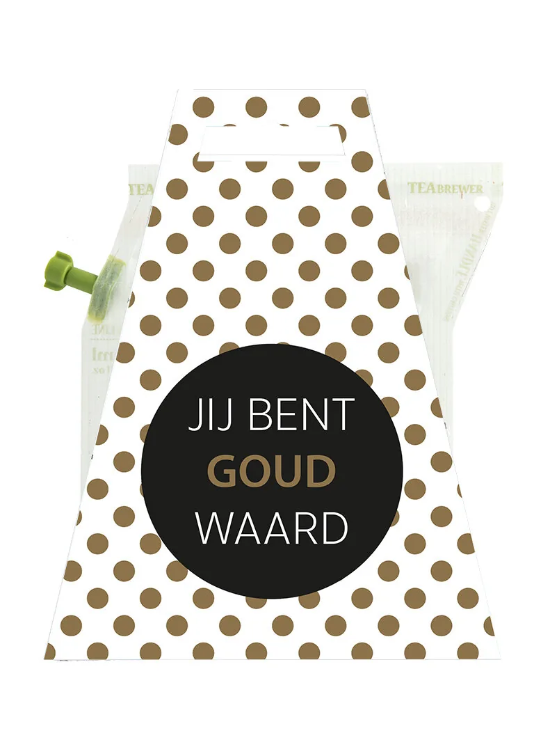 Theebrewer met gouden stippen en boodschap jij bent goud waard als bedankje voor de leraar