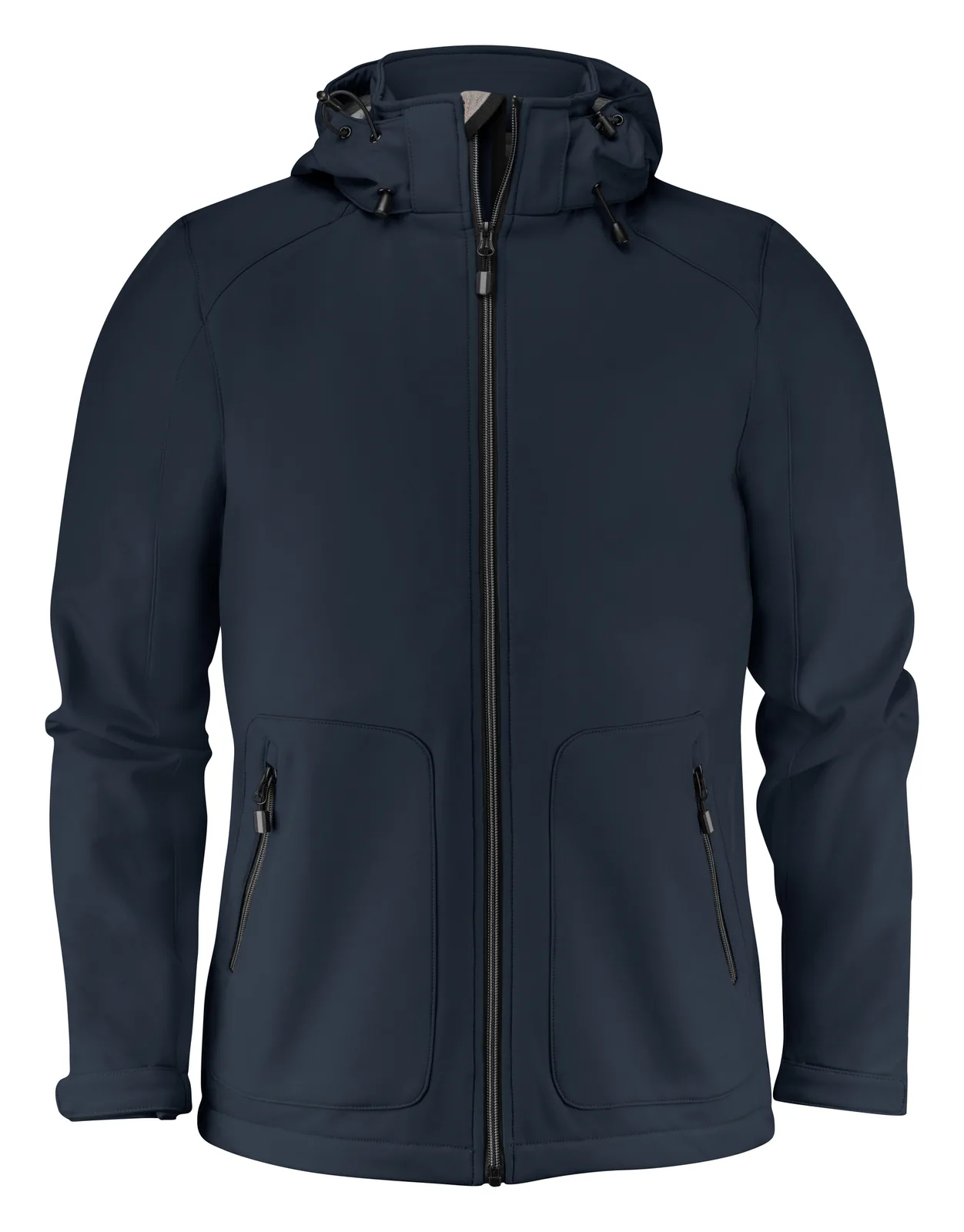 Donkerblauwe waterafstotende softshell jas met capuchon als teambuilding relatiegeschenk