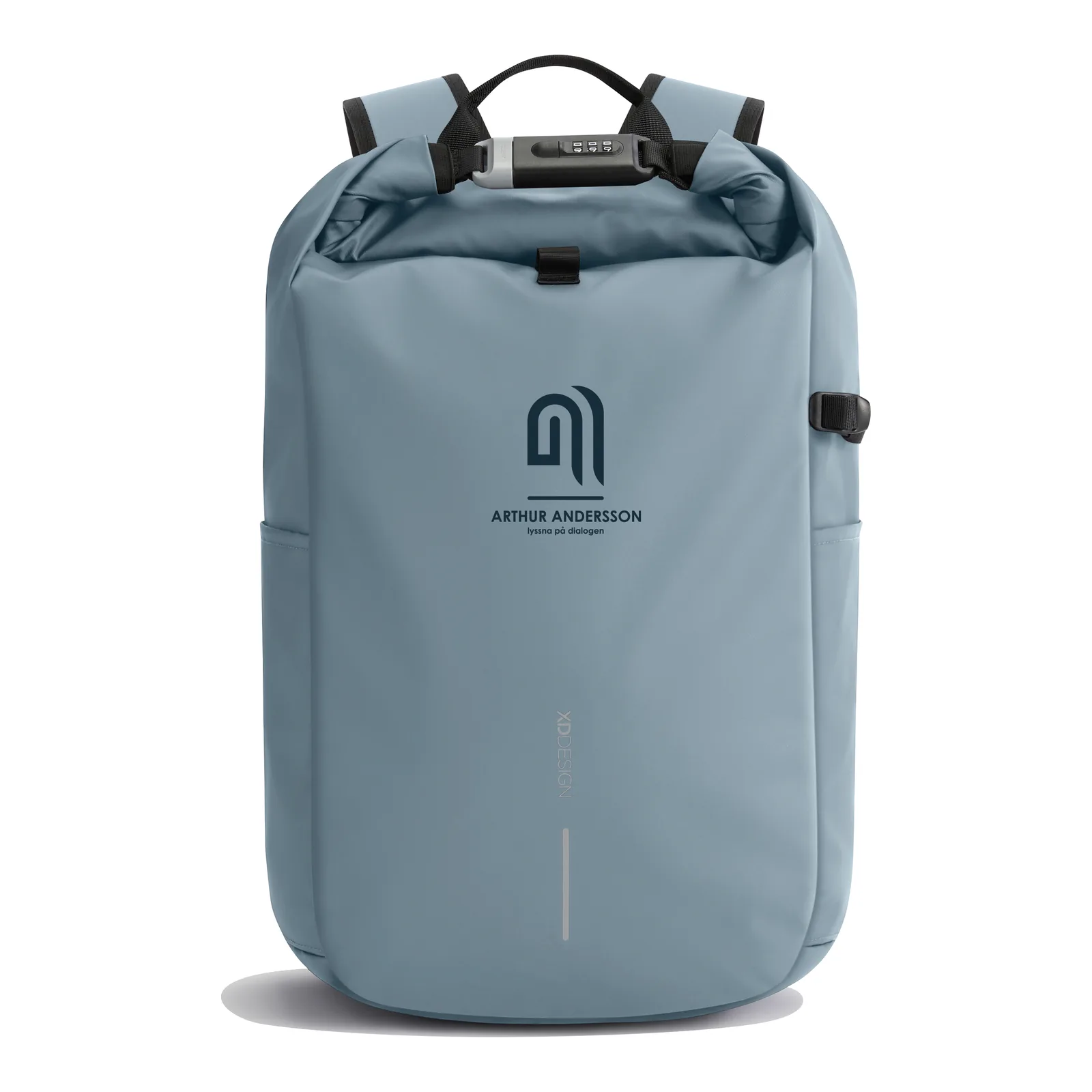 mooie waterbestendige antie diefstal rugzal in pastelblauw met logo