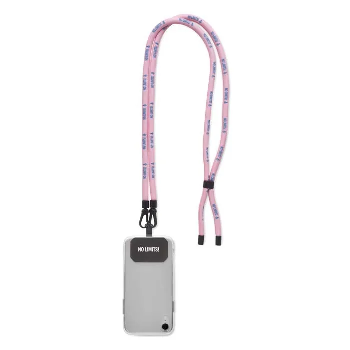 telefoonlanyard in roze en blauw pms kleur met logo